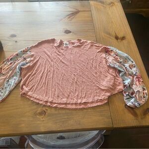 ivy jane Blush Waffle Knit Top with Floral Puff Sleeves